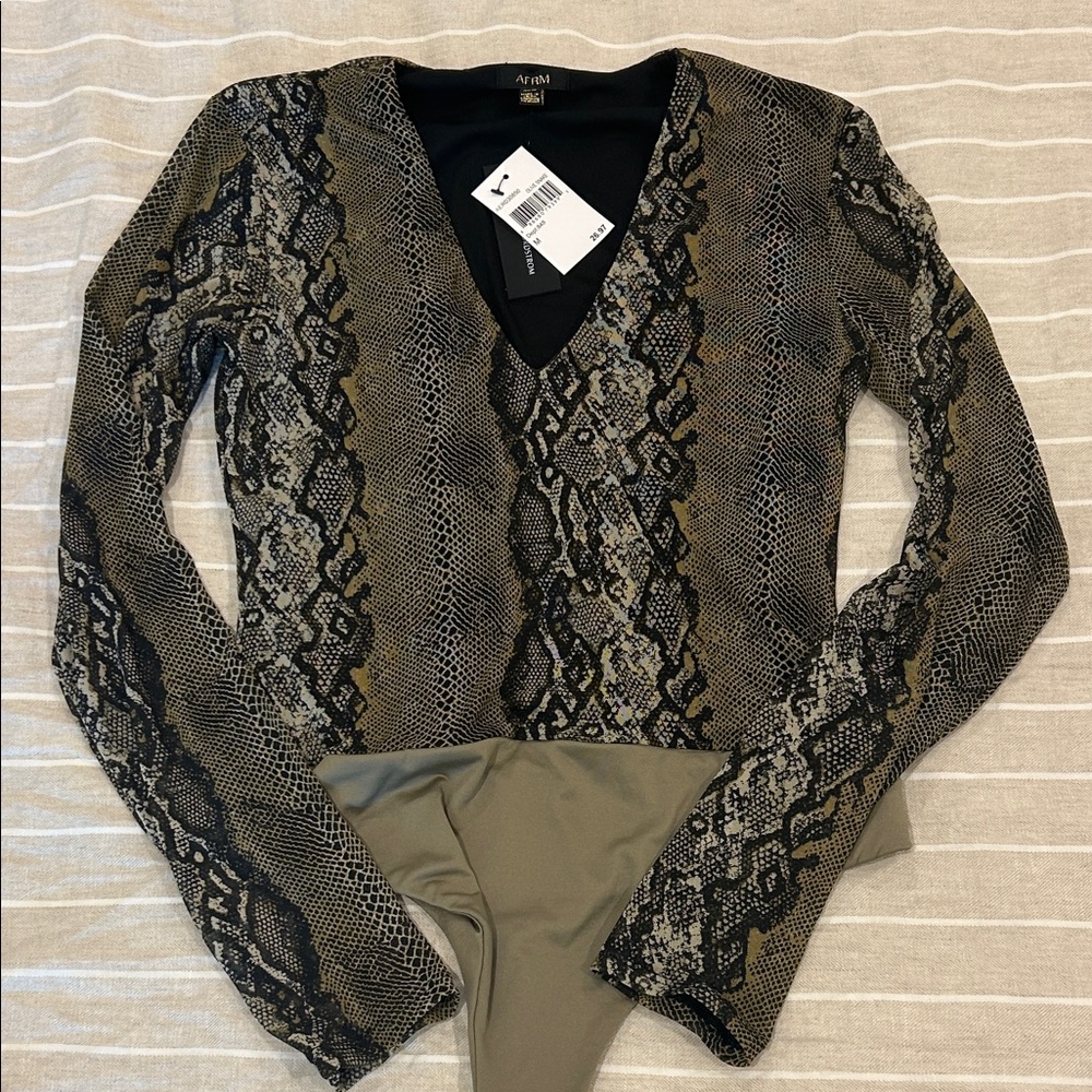 AFRM Olive and Black Snake Print V-Neck Bodysuit - Picture 3 of 4